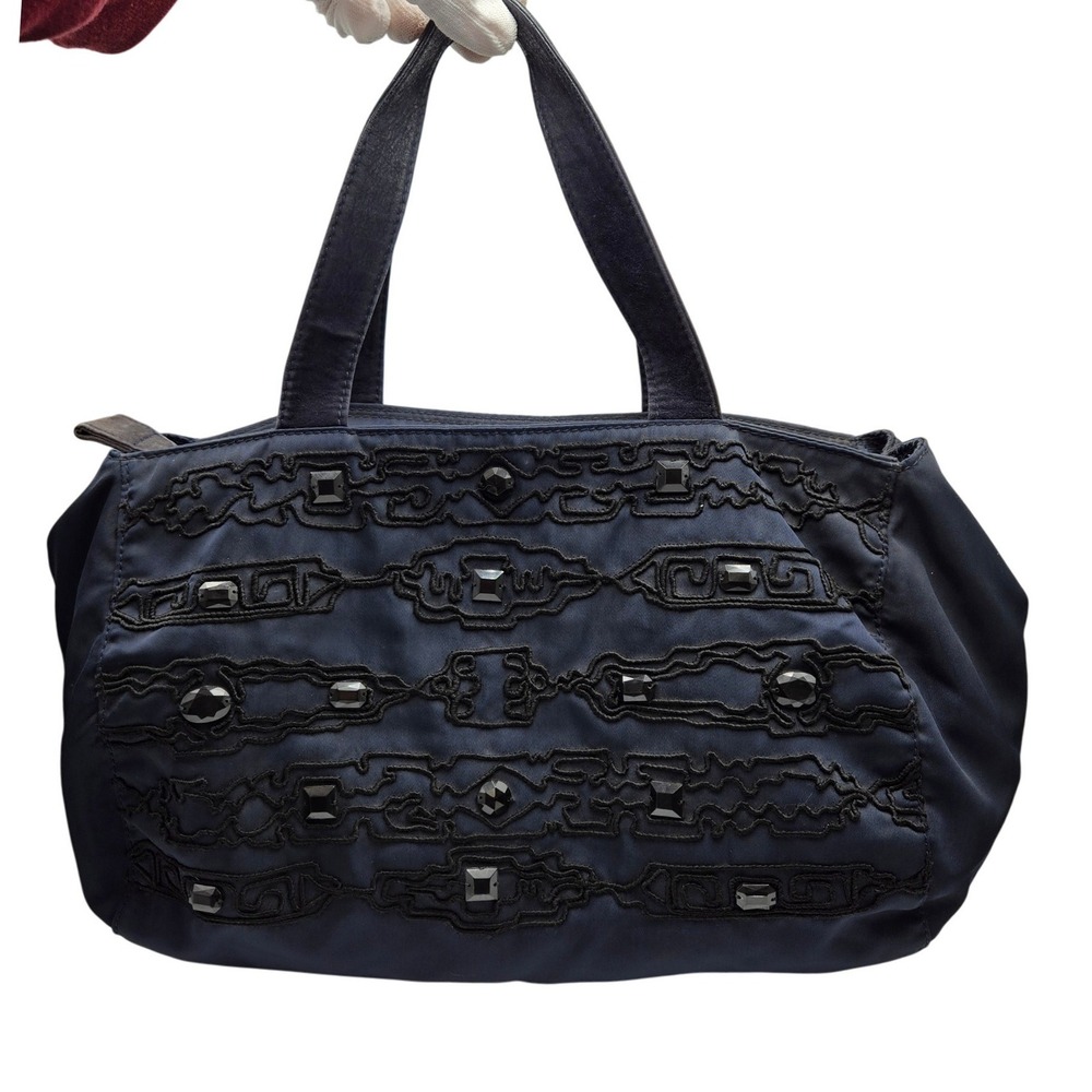 Prada Navy Tessuto Nylon Embroidered Crystal Tote Bag Handbag with COA